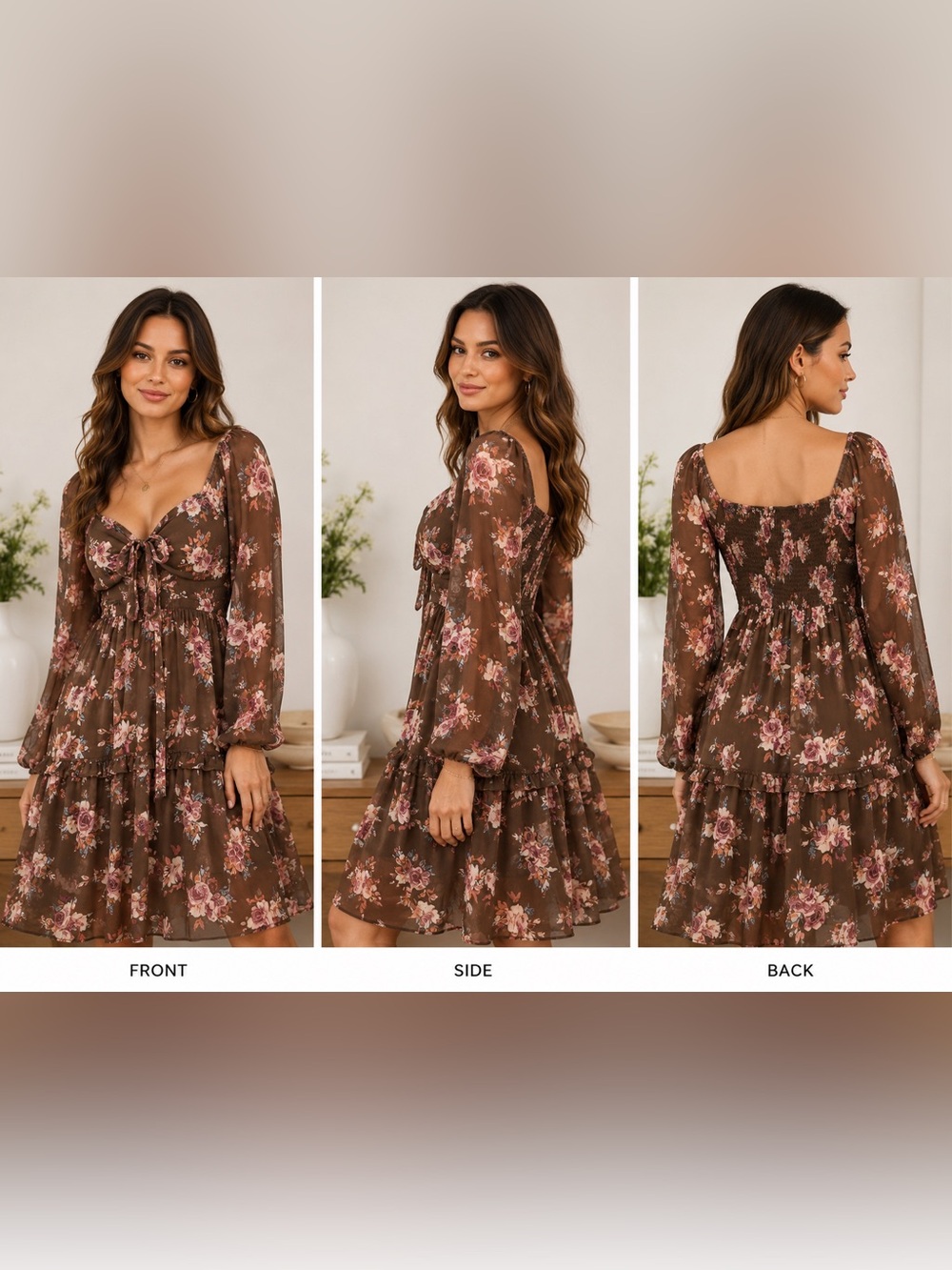Rewind Brown Floral Long Sleeve Mini Dress Cottagecore Boho Romantic Size Large